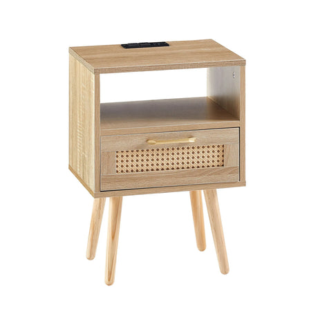 15.75" Rattan End Table With Power Outlet & USB Ports, Modern Nightstand With Drawer And Solid Wood Legs, Side Table For Living Room, Bedroom - Furniture Home Direct