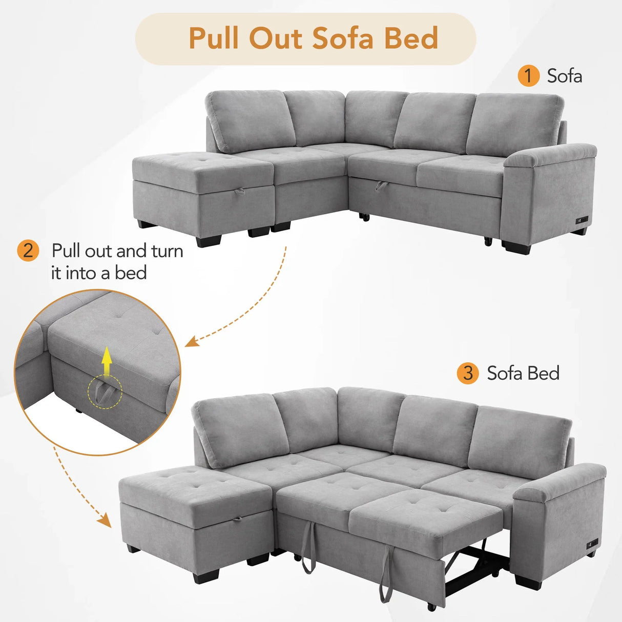 Sleeper Sectional Sofa, L-Shape Corner Couch Sofa Bed With Storage Ottoman & Hidden Arm Storage & USB Charge For Living Room Apartment - Furniture Home Direct