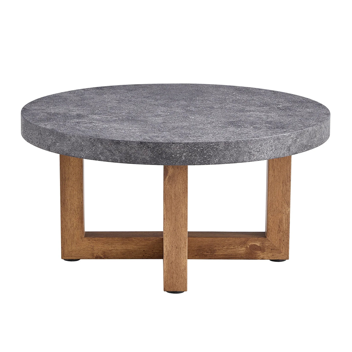 Coffee Table Round Stone Finish Wood Base Contemporary Gray - Furniture Home Direct
