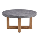 Coffee Table Round Stone Finish Wood Base Contemporary Gray - Furniture Home Direct