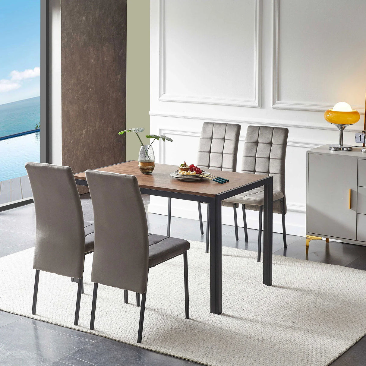 5 Piece Dining Set Including Velvet High Back Nordic Dining Chair & Creative Design Dining Table - Furniture Home Direct