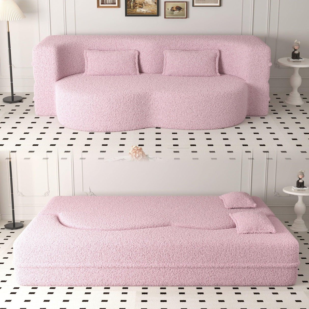 Modern Floor Sofa, With 2 Pillows, Convertible Teddy Fabric Foam Filled Bed - Furniture Home Direct