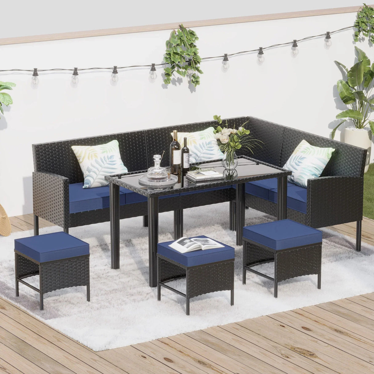 7 Piece Outdoor Furniture Set Waterproof Cushions Glass Table - Furniture Home Direct