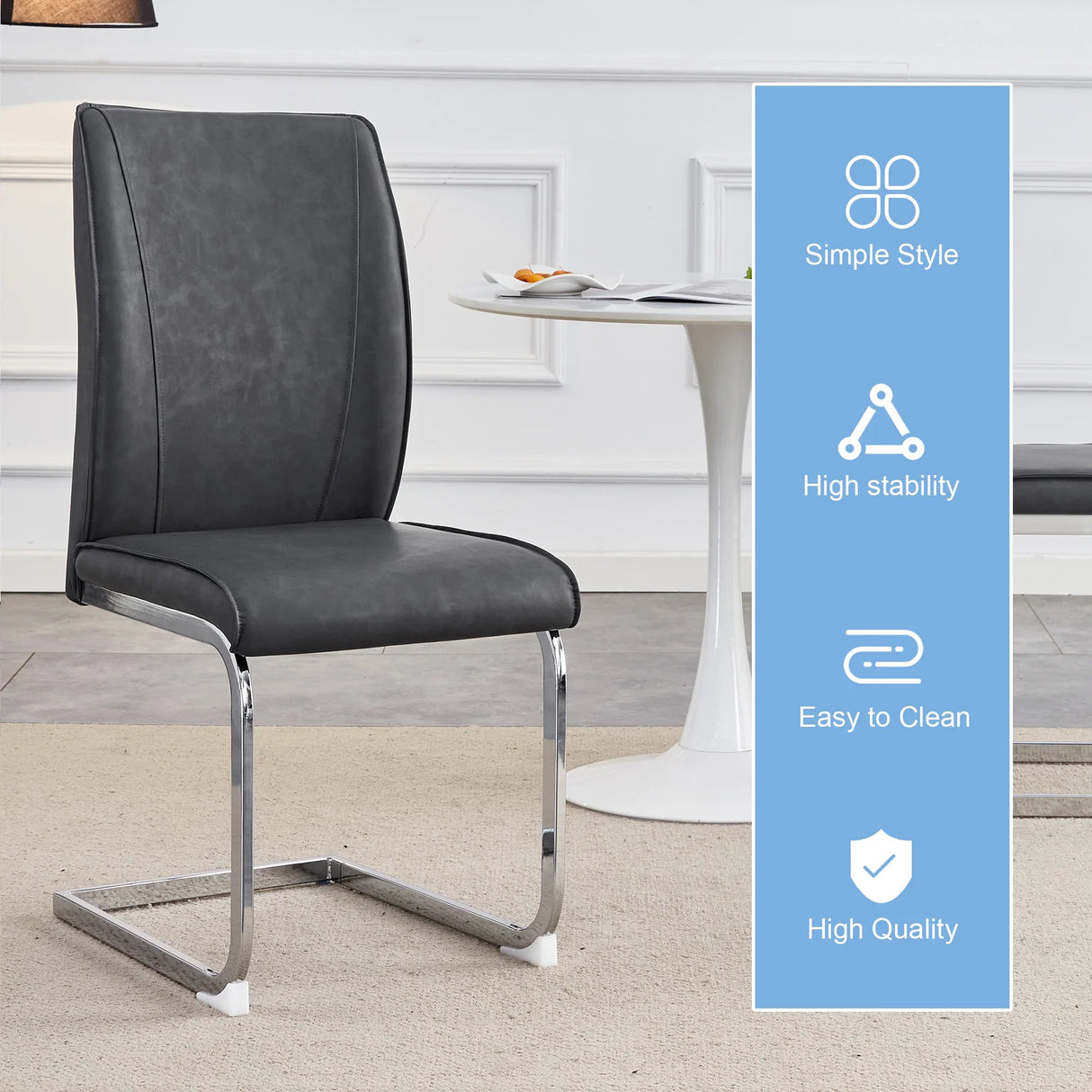 Dining Chairs Cantilever Metal Frame Polished PU Dark Gray - Furniture Home Direct