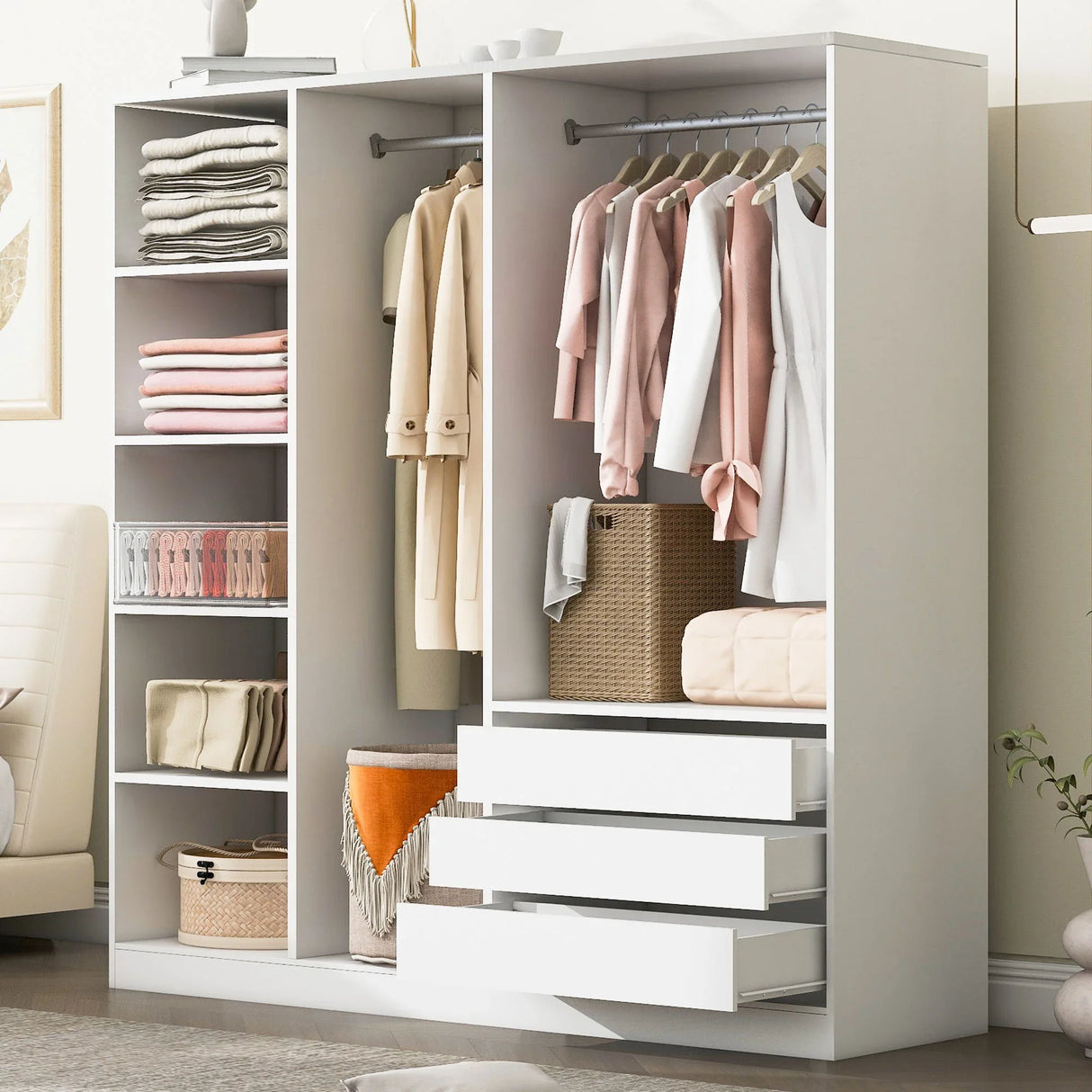 Doorless Storage Wardrobe For Dedroom With Shelves And 3 Drawers - Furniture Home Direct