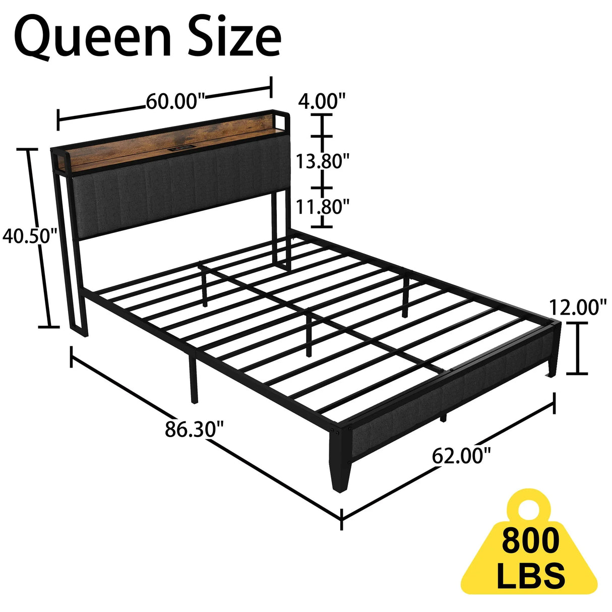 Bed With Charging Station, American Design Upholstered Headboard, Metal Platform - Furniture Home Direct
