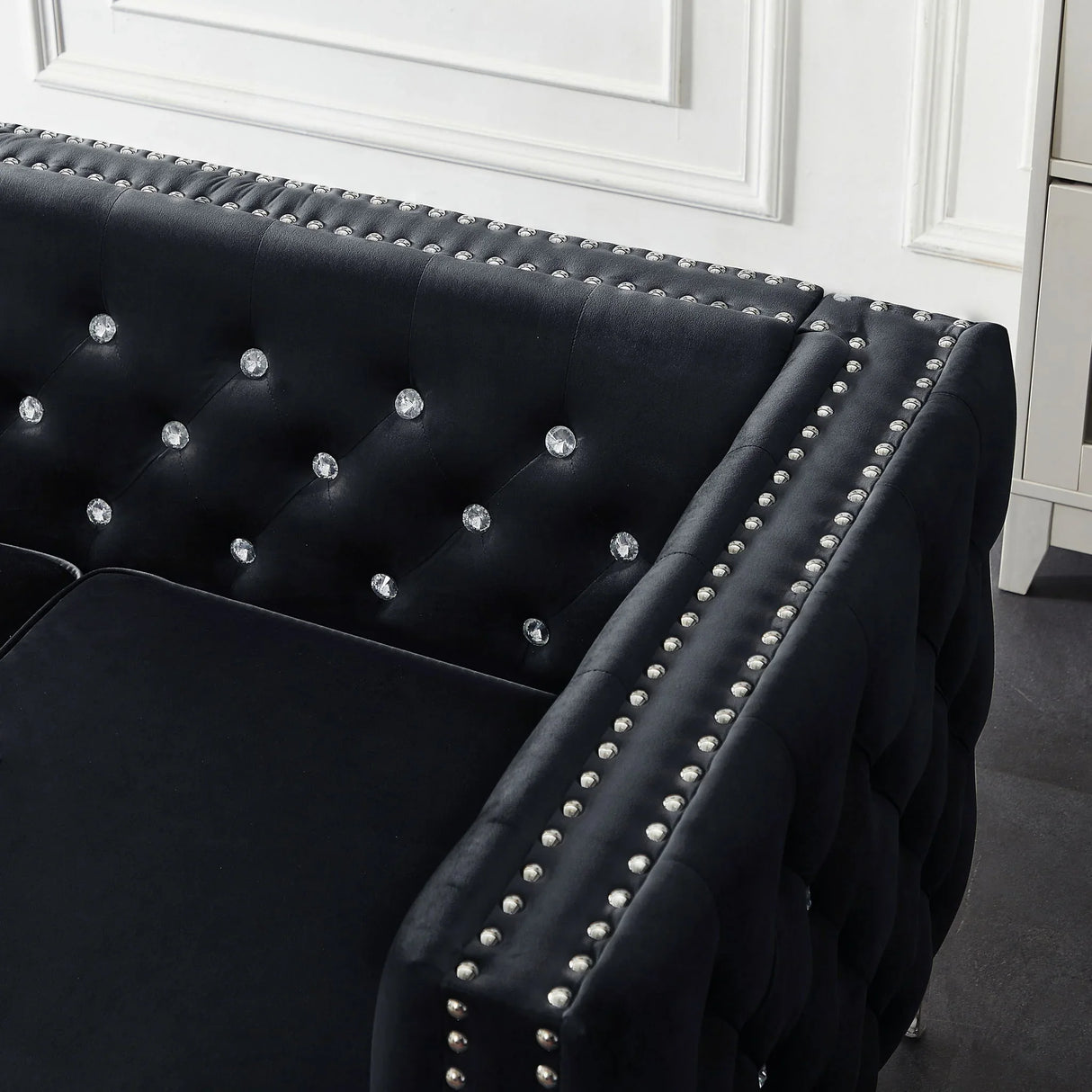 Wide Sofa With Jeweled Buttons Square Arm, 2 Pillows - Furniture Home Direct