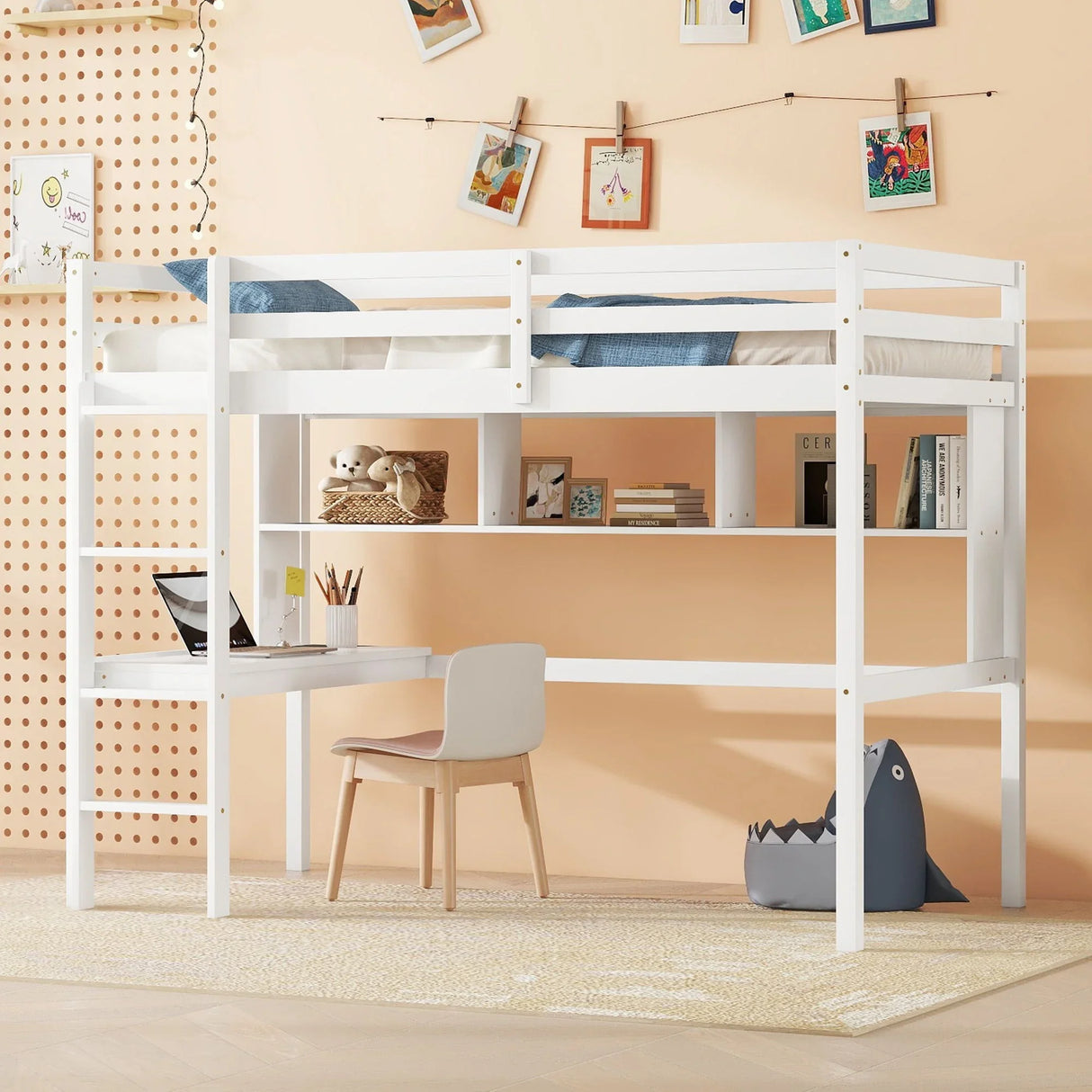 Loft Bed With Desk And Shelves, Safety Guardrail And Ladder - Furniture Home Direct