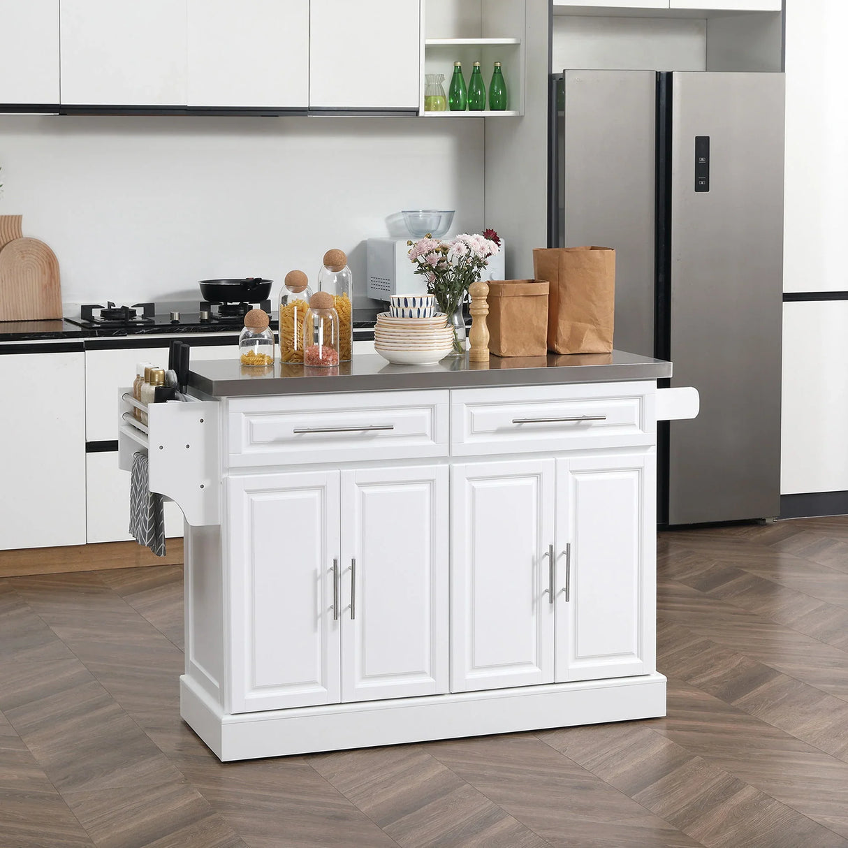 Homcom - Rolling Kitchen Island With Storage, Portable Kitchen Cart With Stainless Steel Top, 2 Drawers, Spice, Knife And Towel Rack And Cabinets - Furniture Home Direct