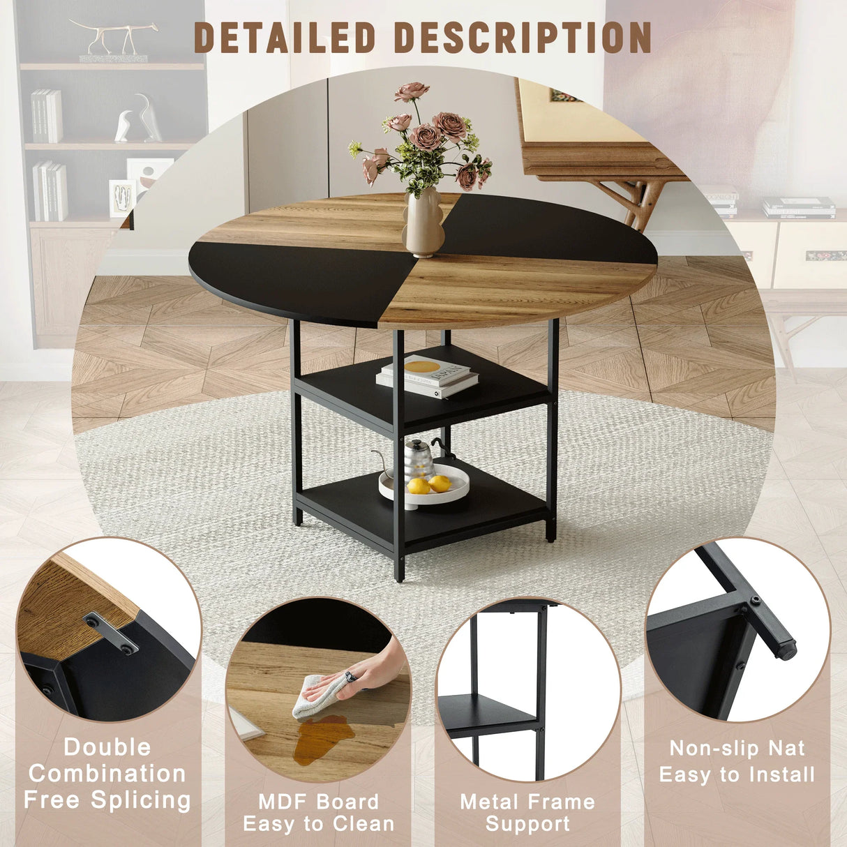 Dining Set Round Table With 4 Chairs Wood Top Black - Furniture Home Direct