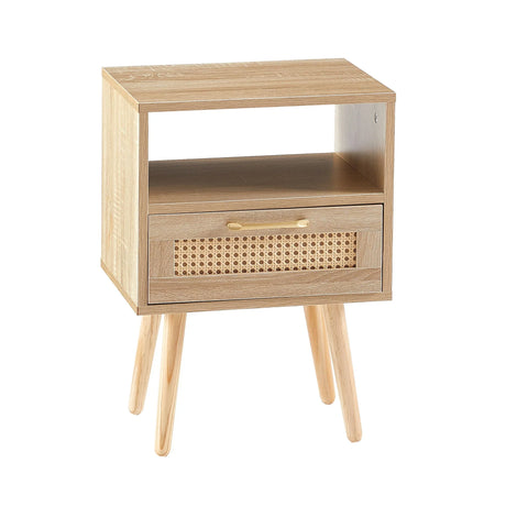 15.75" Rattan End Table With Drawer And Solid Wood Legs, Modern Nightstand, Side Table For Living Room, Bedroom - Furniture Home Direct
