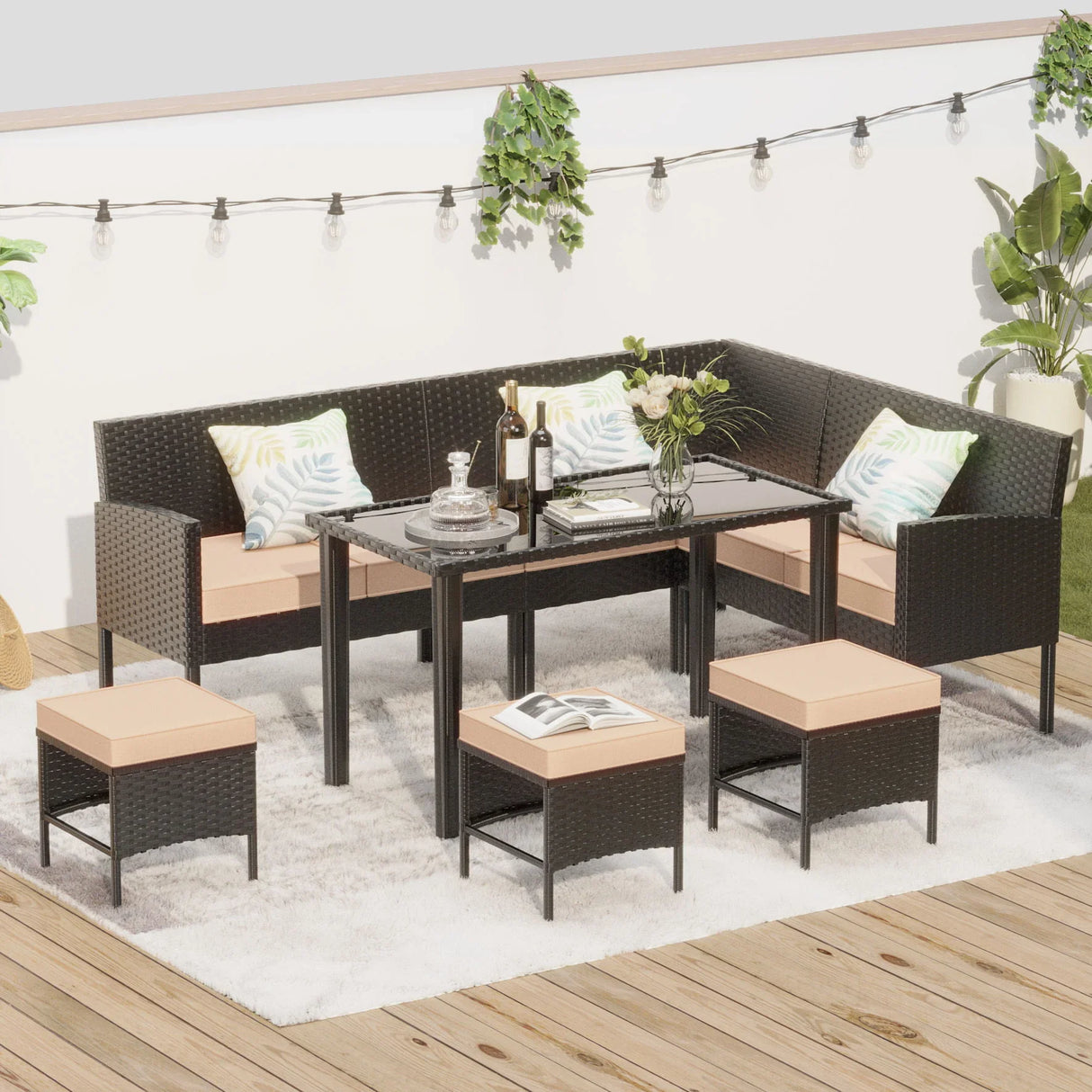 7 Piece Outdoor Furniture Set Waterproof Cushions Glass Table - Furniture Home Direct