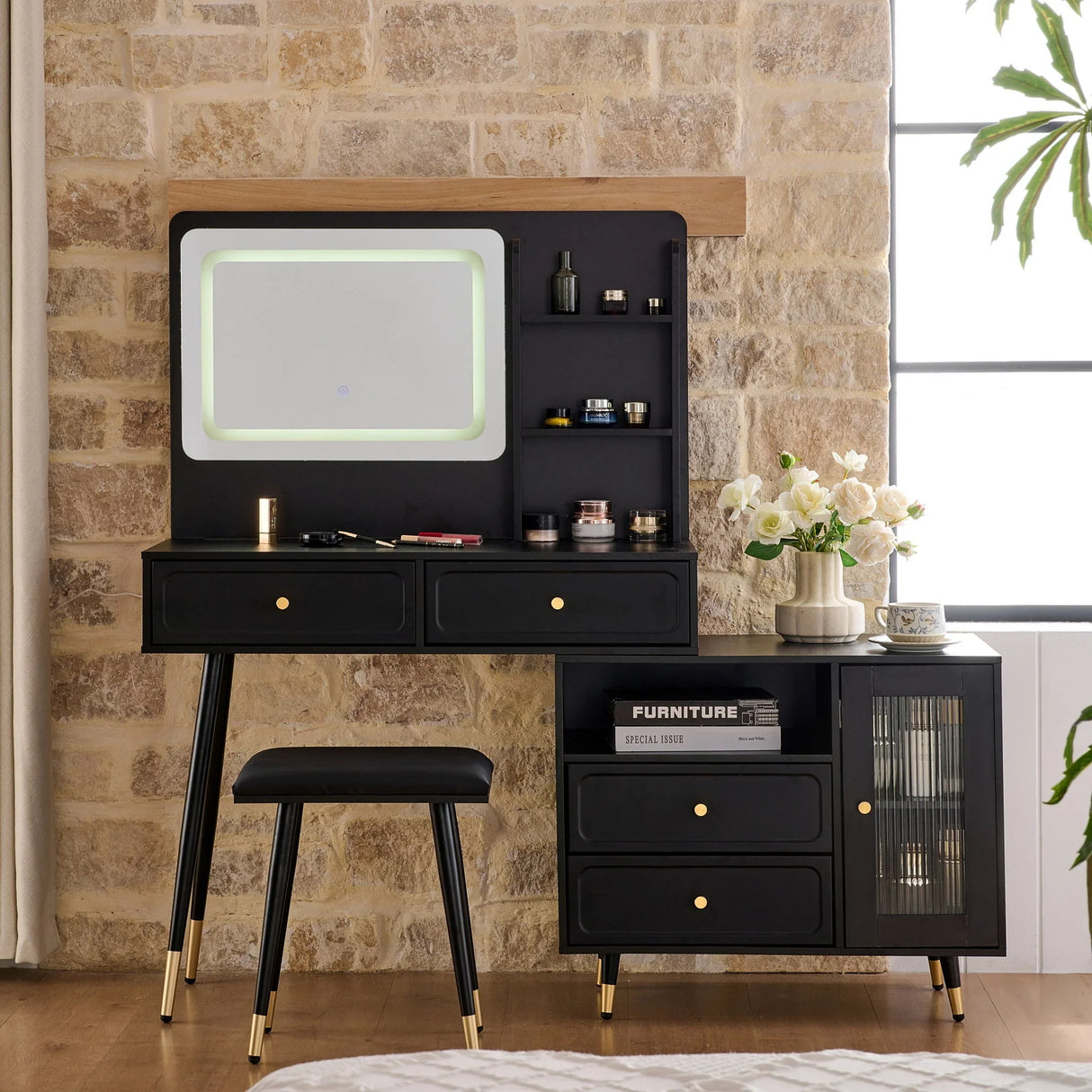 Modern Makeup Vanity Desk With Mirror And Lights Retractable Design Engineered Wood - Black - Furniture Home Direct