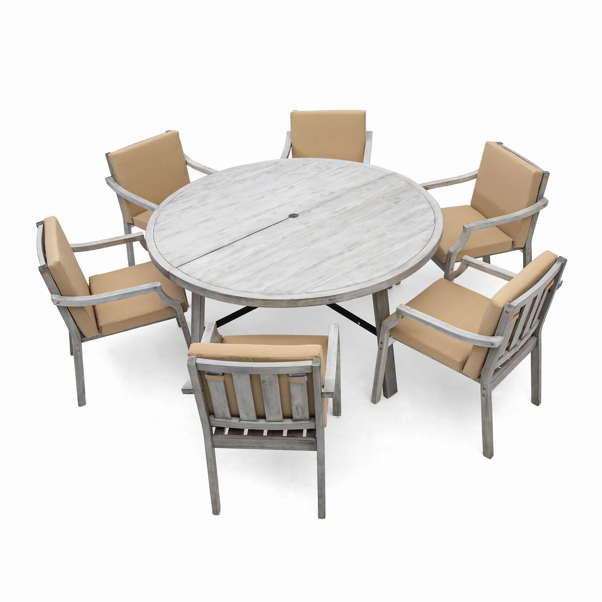 6 Person Outdoor Wooden Dining Set With Umbrella Hole And Removable Cushions For Patio - Gray - Furniture Home Direct