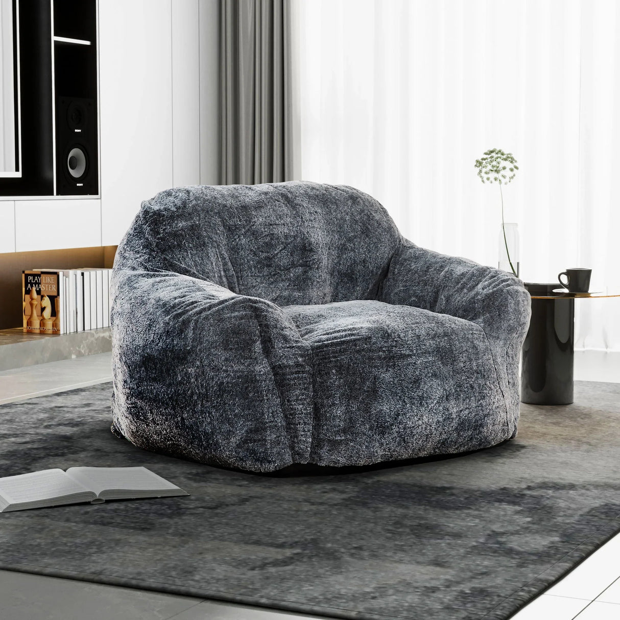 Living Room Bean Bag Sofa Chair With Memory Foam Fillings, Soft Upholstered Bean Bag Armchair - Black / Gray - Furniture Home Direct