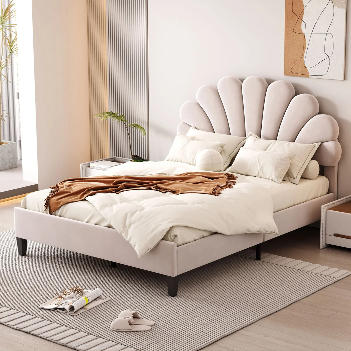 Upholstered Platform Bed With Flower Pattern Velvet Headboard - Furniture Home Direct