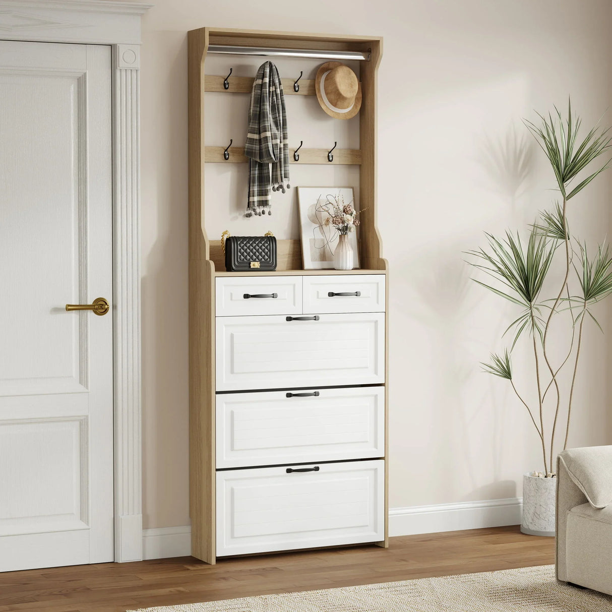 Shoe Cabinet With 3 Doors 2 Drawers With Hanger, Door With Shape, Large Space For Storage - Furniture Home Direct