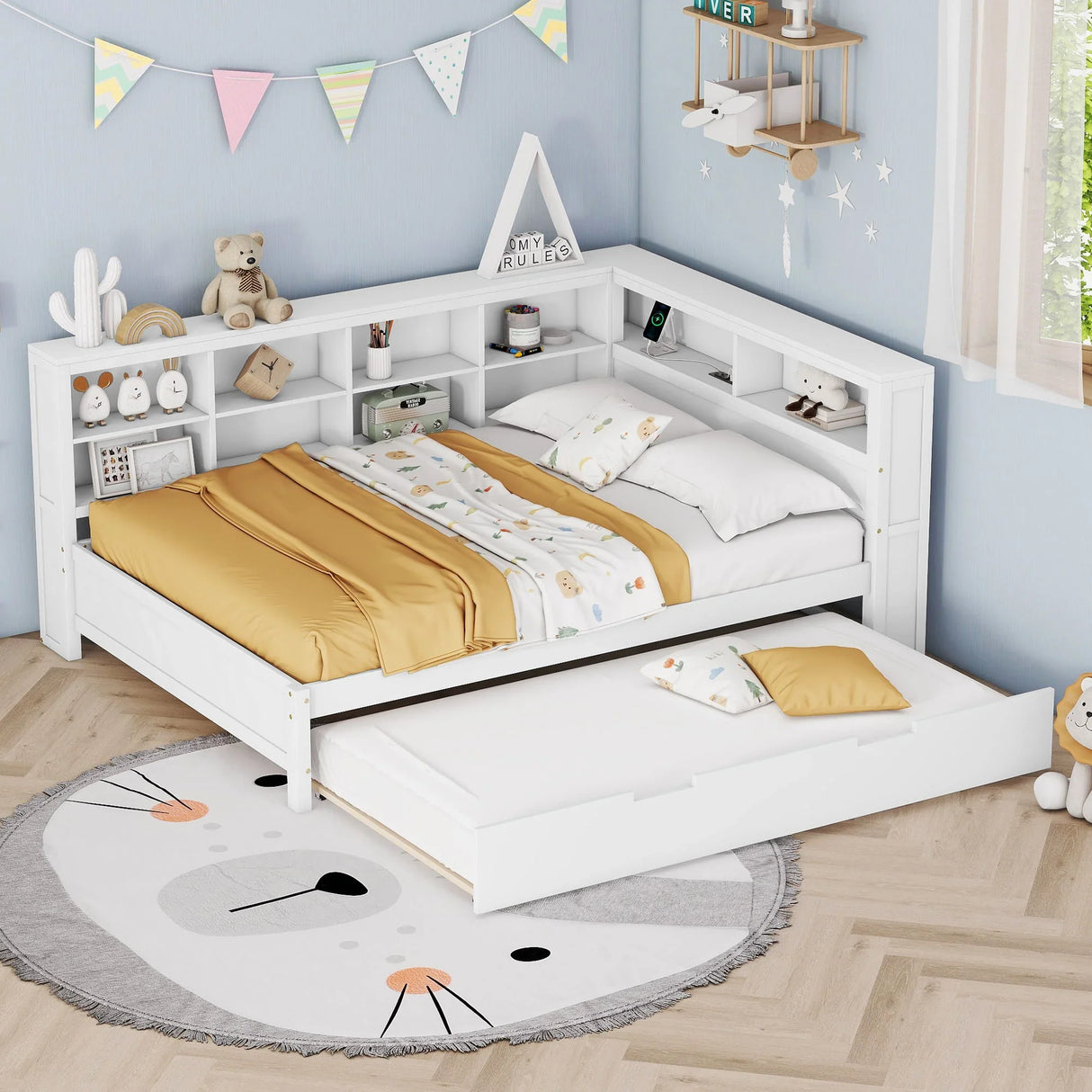 Wooden Full Size Daybed With Twin Size Trundle, Daybed With Storage Shelf And USB Charging Ports - White - Furniture Home Direct