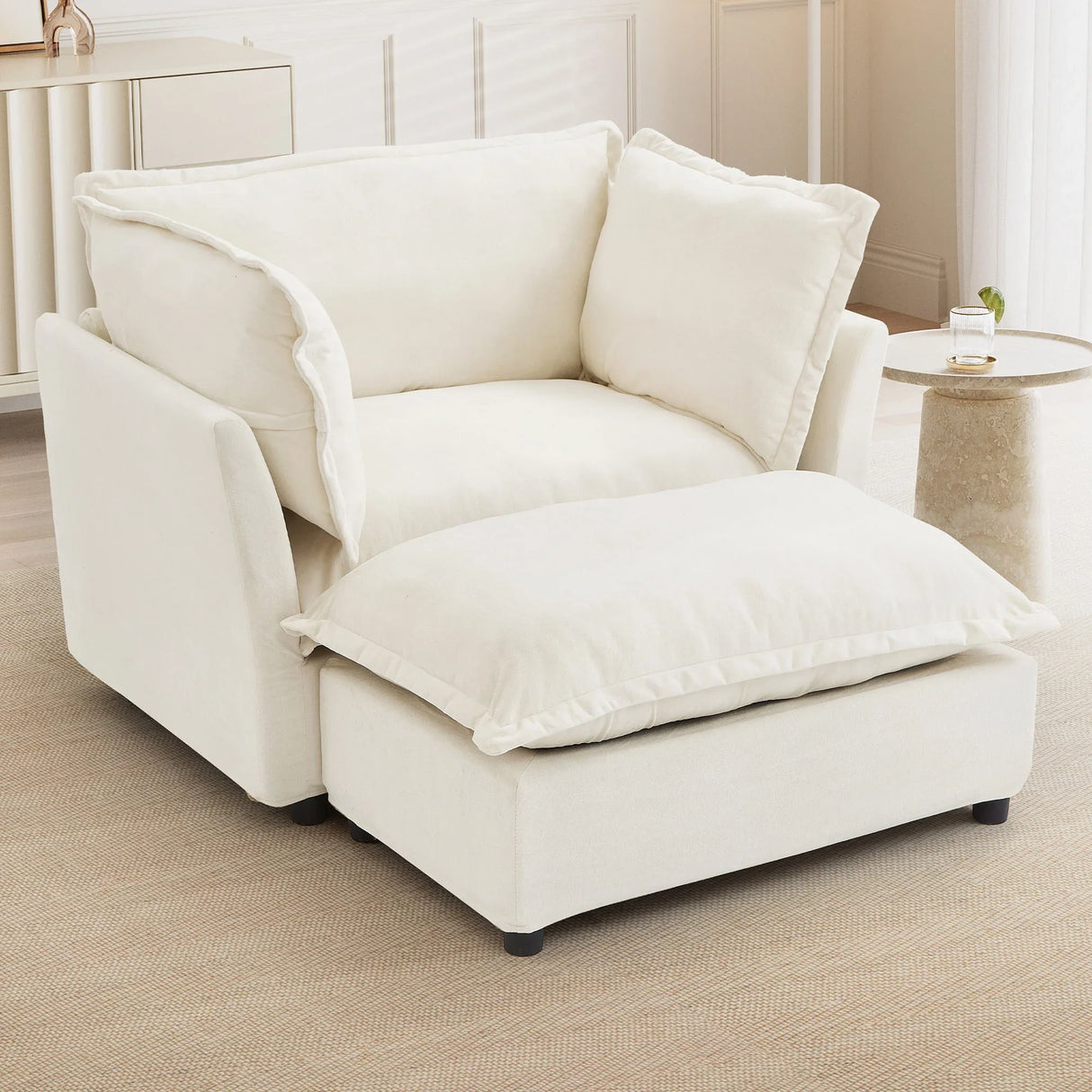 Modern Cozy Upholstered Armchair Sofa With Movable Ottoman - Furniture Home Direct