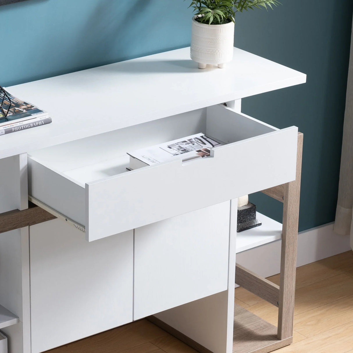 Modernize Kitchen Buffet Organizing Cabinet With 4 Shelves - White / Dark Taupe - Furniture Home Direct