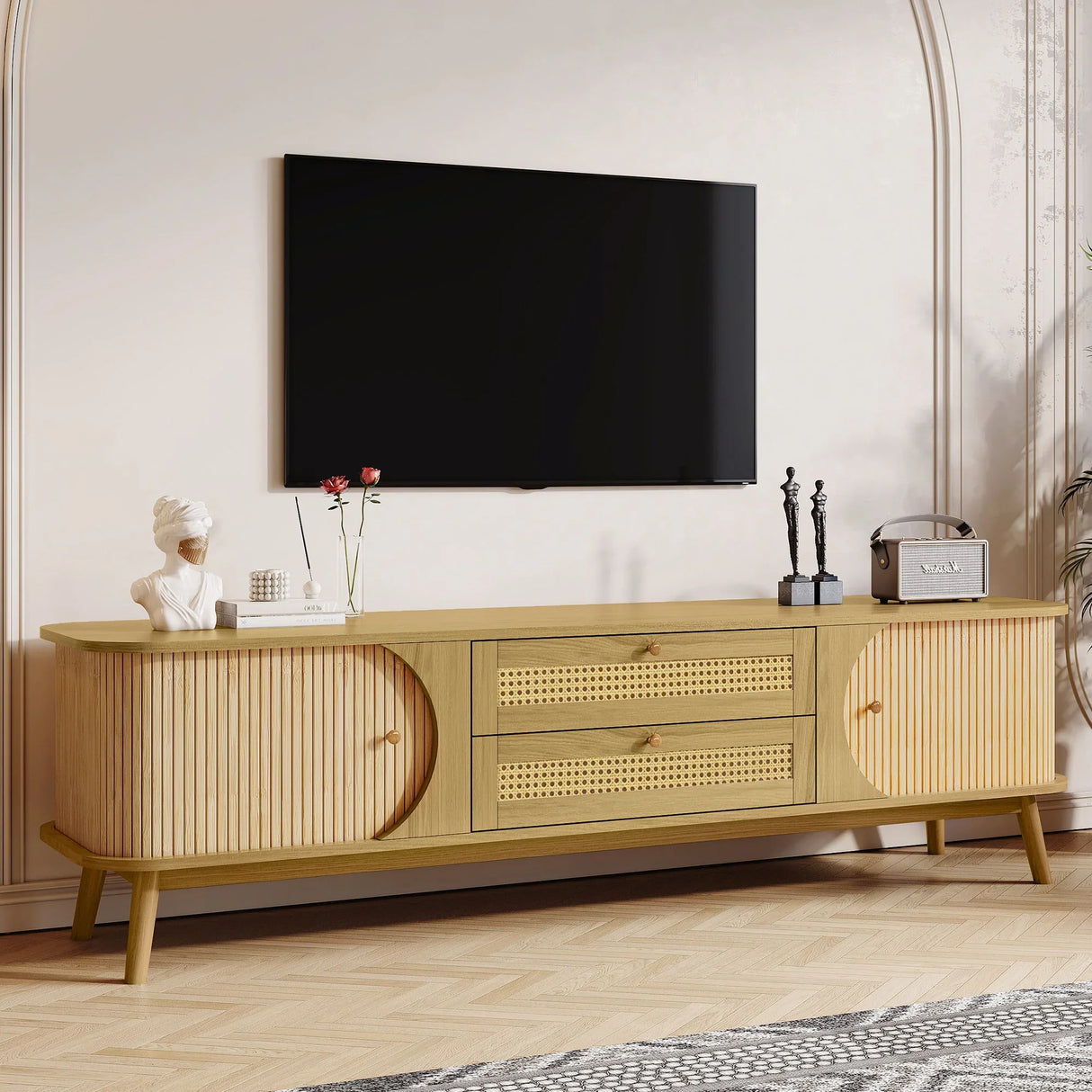Rattan TV Stand For Tvs Up To 75'', Modern Farmhouse Media Console, Entertainment Center With Legs, TV Cabinet For Living Room, Home Theatre - Natural Wood - Furniture Home Direct