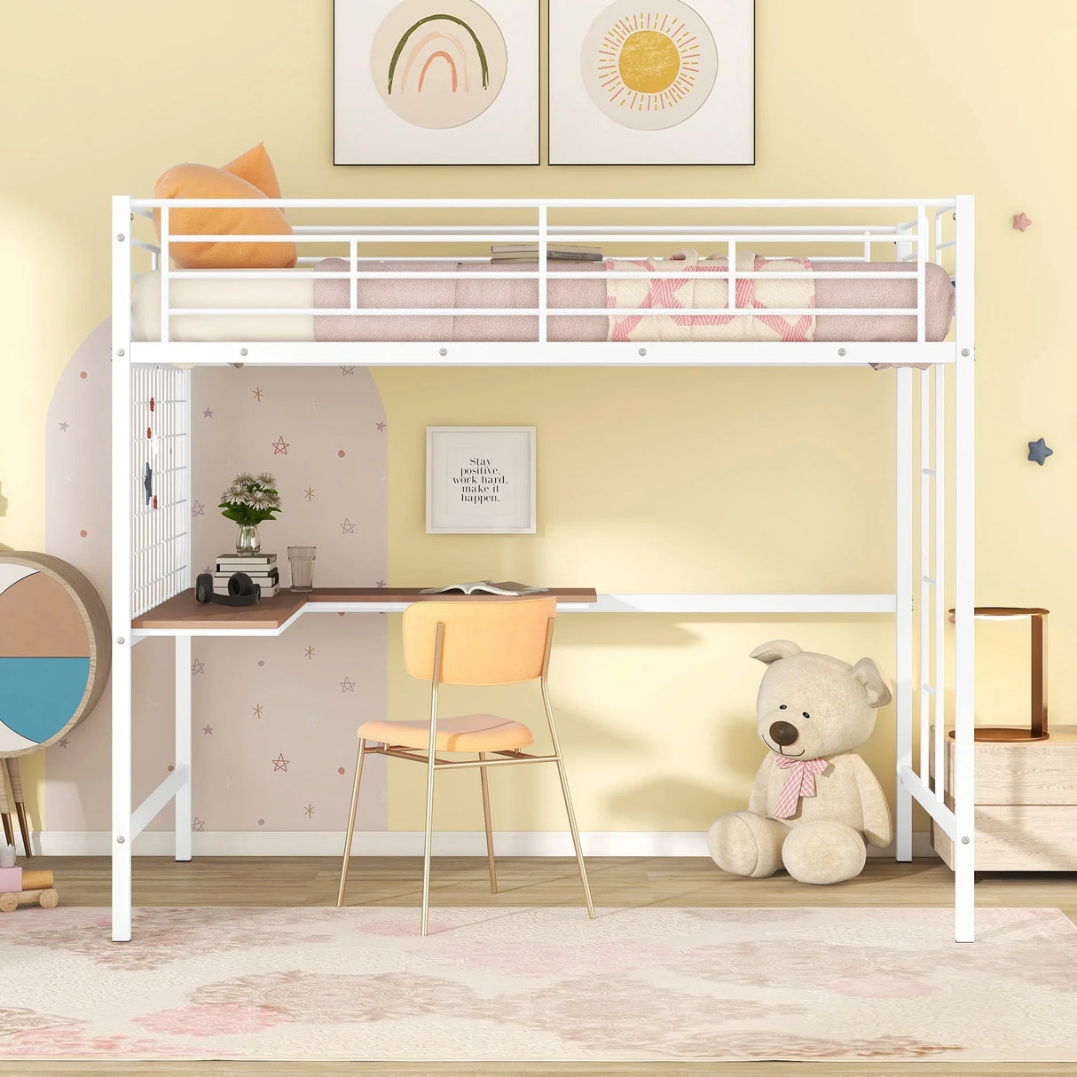 Full Loft Bed With Desk And Grid - White - Furniture Home Direct