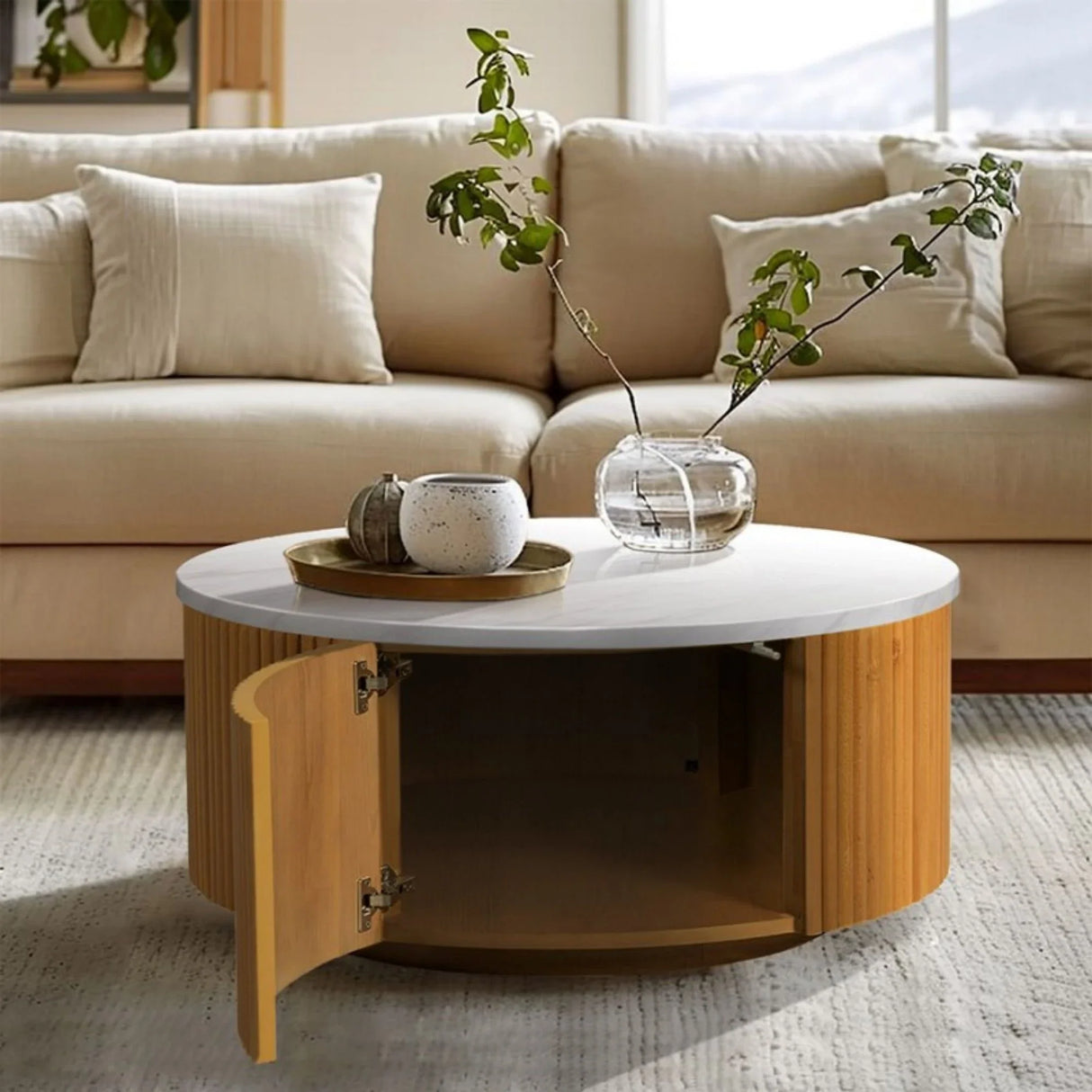 Round Coffee Table With Storage - Natural / White - Furniture Home Direct