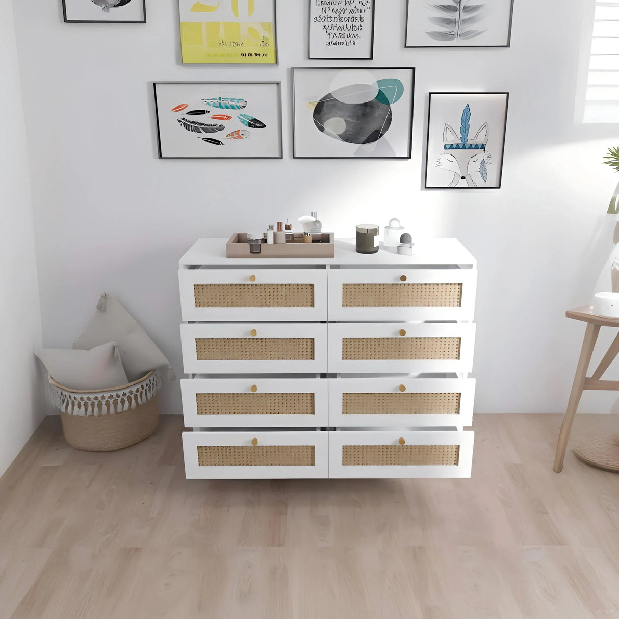 8 Drawers Chest Of Drawers With Rattan Drawer Face Golden Legs And Handles - White - Furniture Home Direct