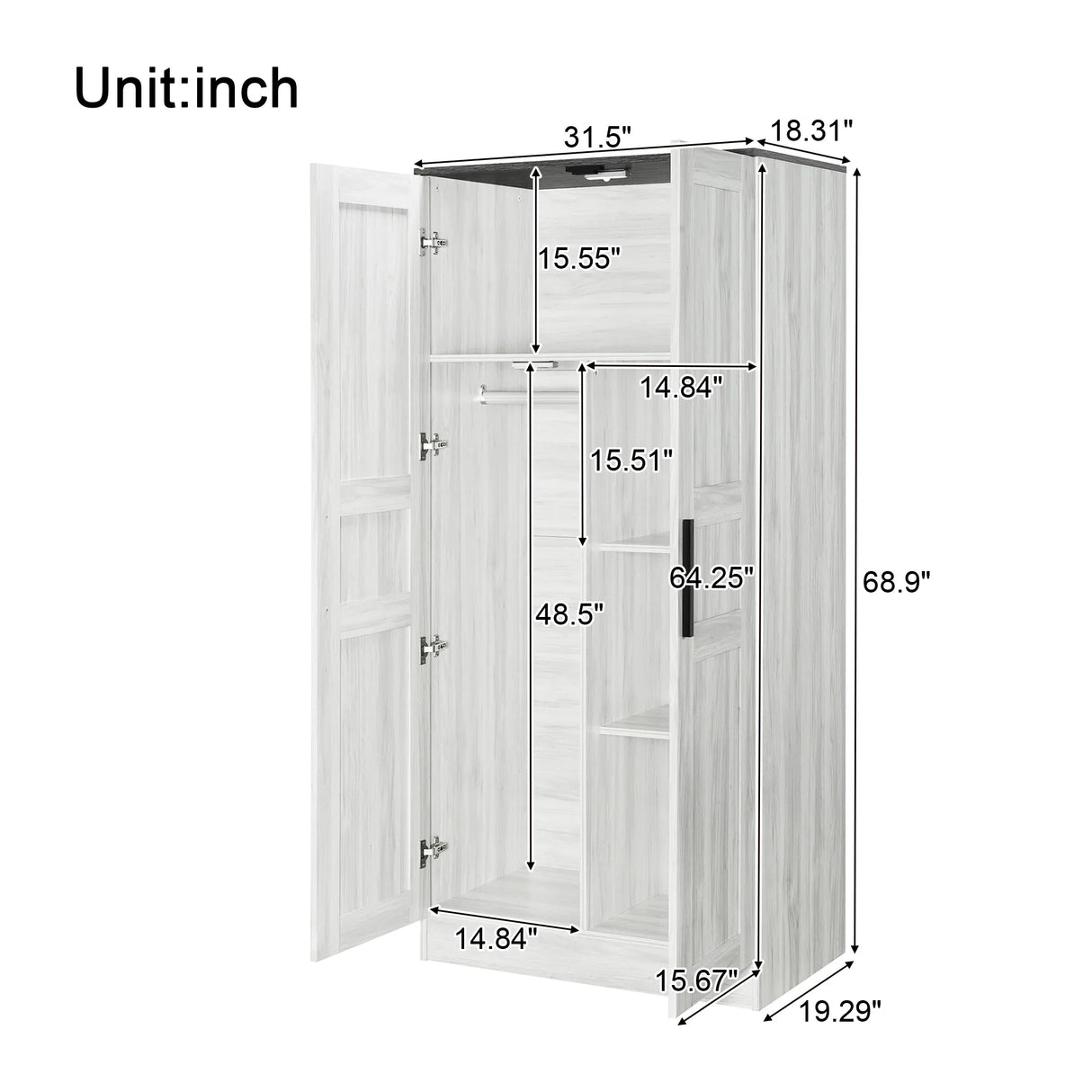 2-Door Wardrobe Armoire with LED and 4 Storage Shelves, Grey - Furniture Home Direct