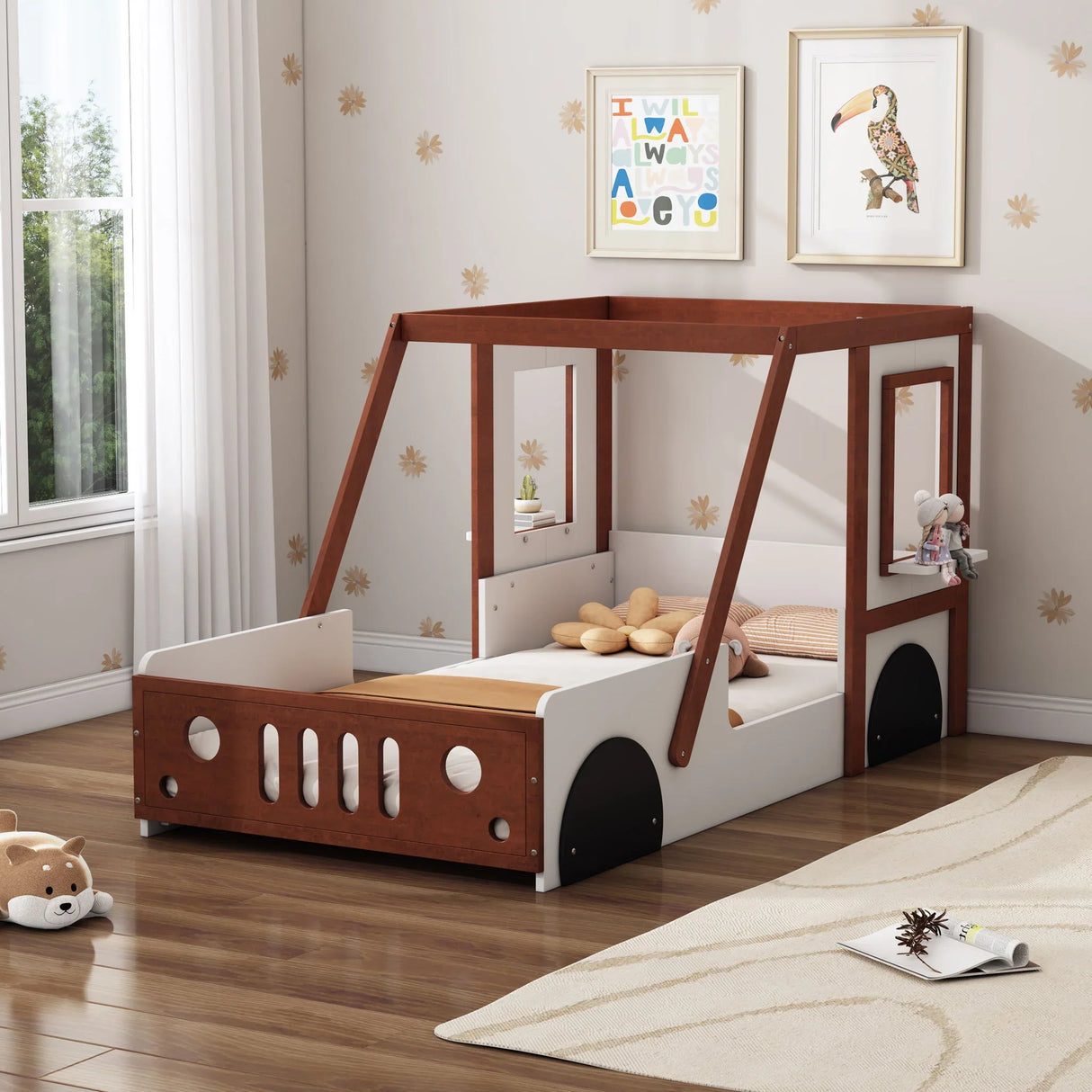 Fun Play Design Twin Size Car Bed, Kids Platform Bed In Car Shaped For Kids Boys Girls Teens - White / Orange - Furniture Home Direct