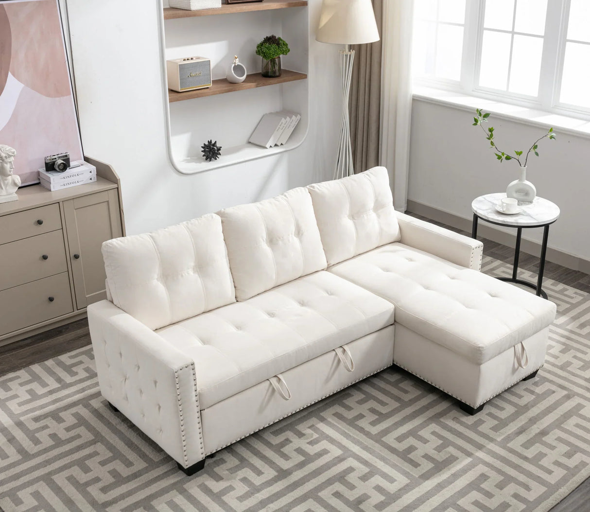 Reversible Sectional Storage Sleeper Sofa Bed, L-Shape 2 Seat Sectional Chaise With Storage, Skin-Feeling Velvet Fabric - Furniture Home Direct