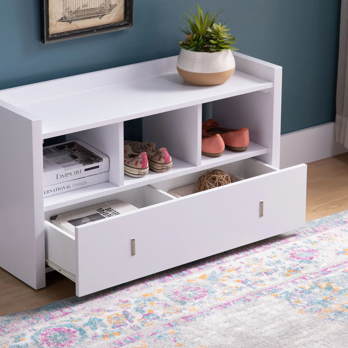 Shoe Entry Bench With Three Shelves, One Drawer With Divided Compartment - Furniture Home Direct