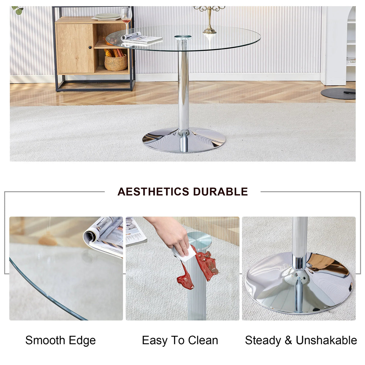 Dining Table Round Glass Top With Chrome Pedestal Silver - Furniture Home Direct