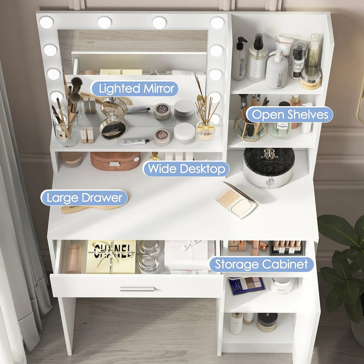 Vanity Desk With Mirror And LED Lighting For Bedroom White - Furniture Home Direct