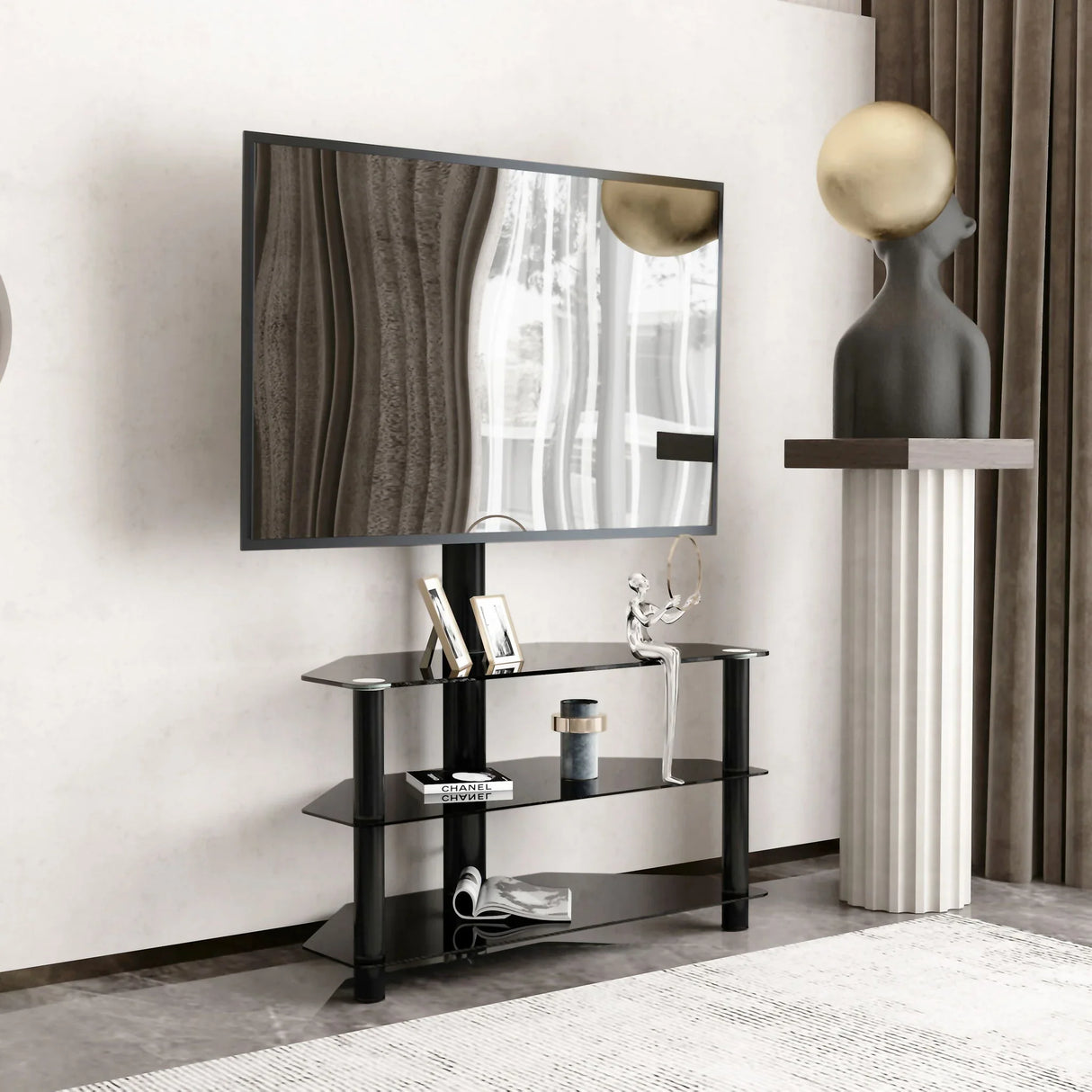 Multi-Function TV Stand Height Adjustable Bracket Swivel 3 Tier - Black - Furniture Home Direct