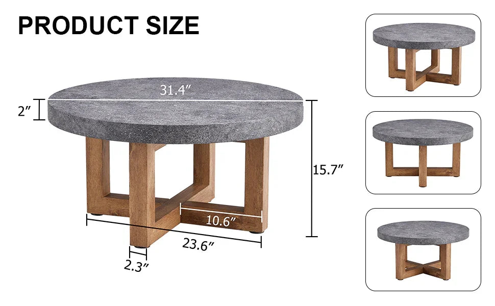 Coffee Table Round Stone Finish Wood Base Contemporary Gray - Furniture Home Direct