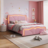 Upholstered Platform Bed & Curve Shaped And Height Adjustable Headboard, LED Light Strips - Furniture Home Direct