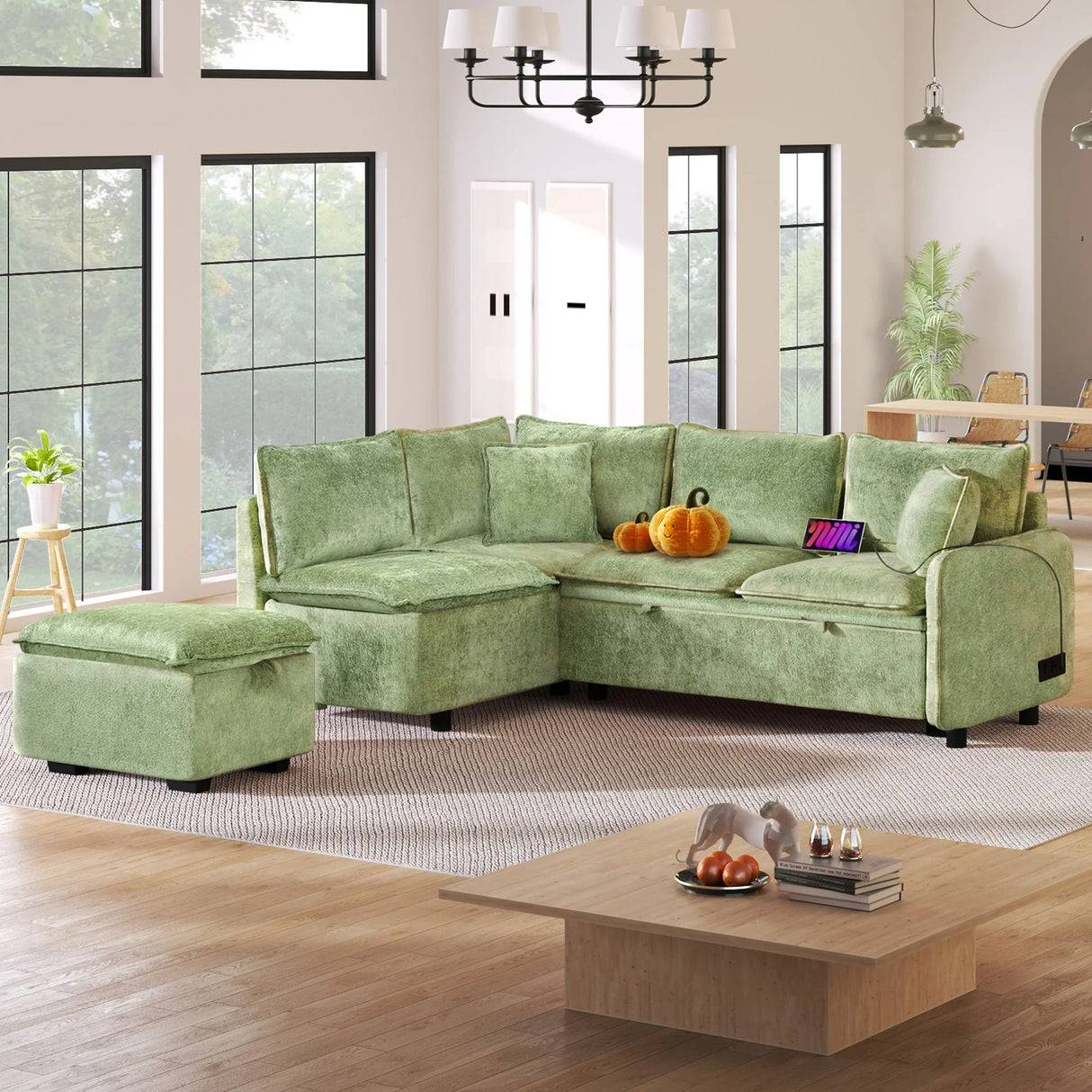 Convertible Sofa Bed Sectional Sofa Sleeper L-Shaped Sofa With A Storage Ottoman, Two Pillows, Two Power Sockets And Two USB Ports For Living Room - Furniture Home Direct