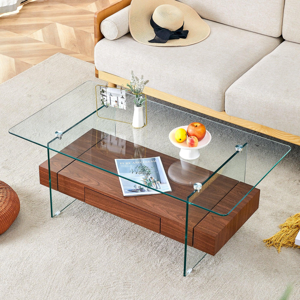Coffee Table Two Tier Glass Top With Drawer Dark Walnut - Furniture Home Direct