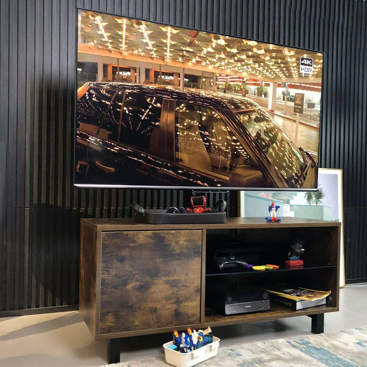 Rustic Brown TV Console With Push-To-Open Storage Cabinet For TV, Wood & Glass TV Stand For Living Room Bedroom - Rustic Brown - Furniture Home Direct