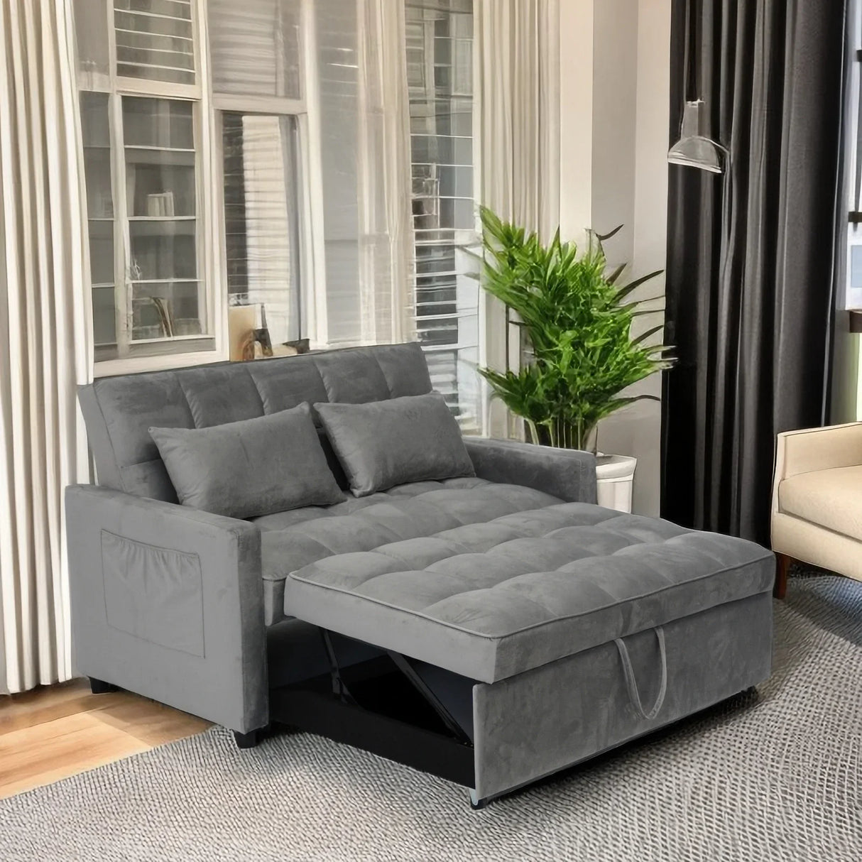 Sleeper Loveseat with Reclining Backrest - Grey - Furniture Home Direct