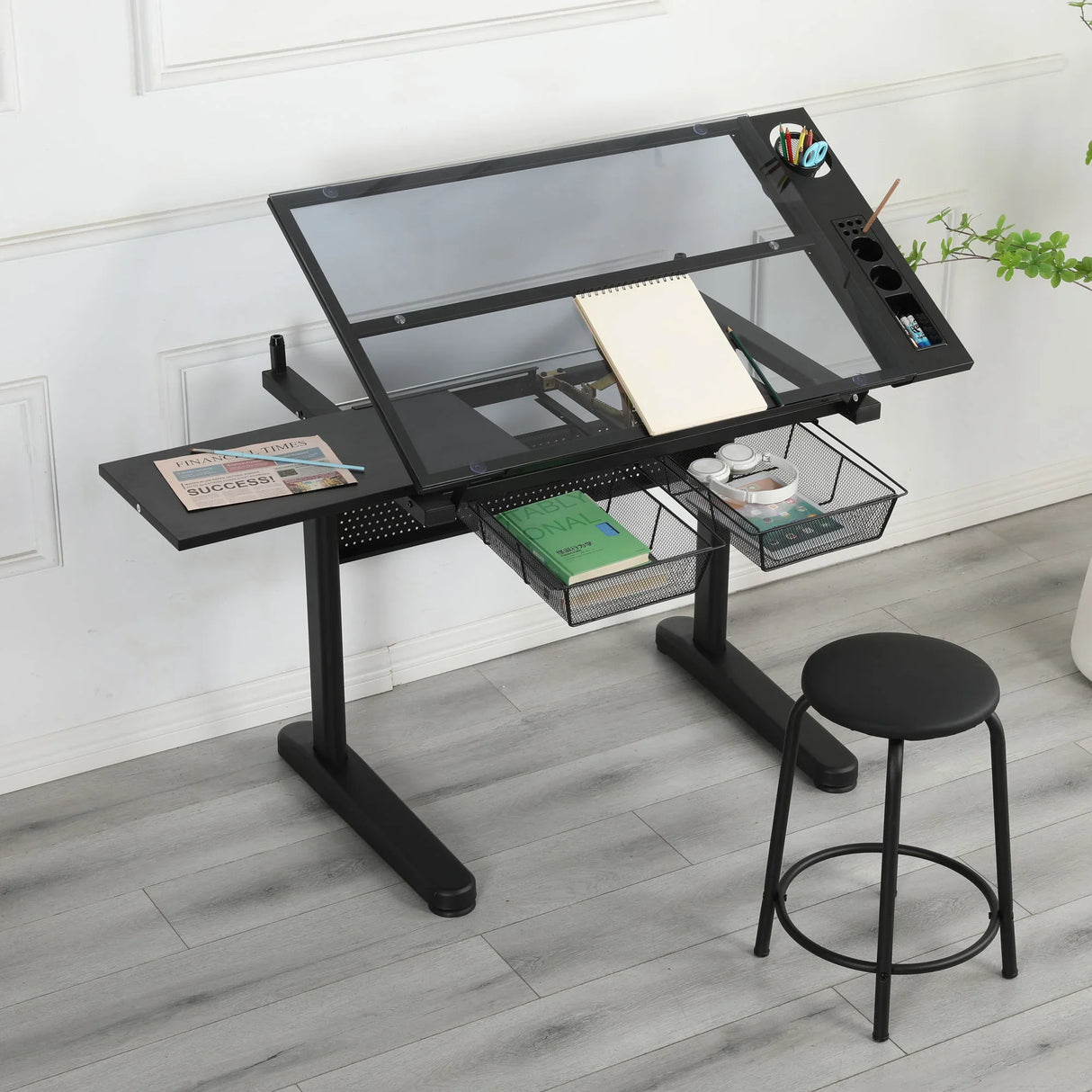 Hand Crank Adjustable Drafting Table Drawing Desk With 2 Metal Drawers With Stool - Furniture Home Direct