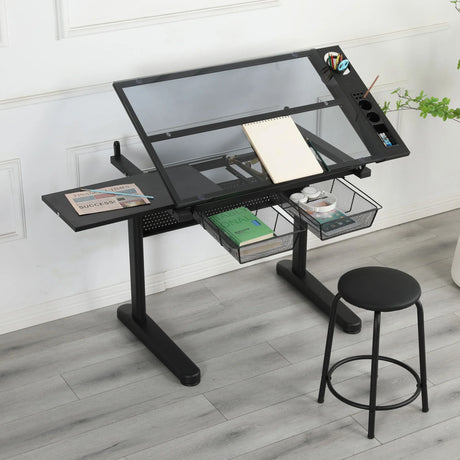 Hand Crank Adjustable Drafting Table Drawing Desk With 2 Metal Drawers With Stool - Furniture Home Direct