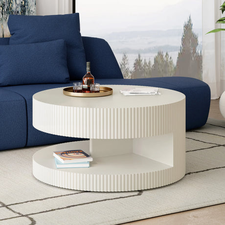 Coffee Table Round Modern Fluted Storage Shelf White - Furniture Home Direct