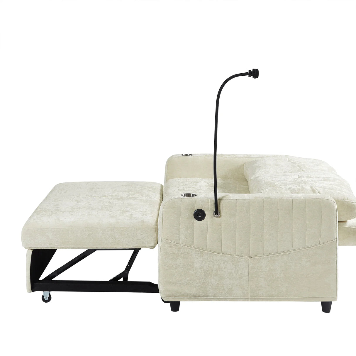 Sleeper Sofa With Adjustable Backrest, Two Cup Holders, Phone Holder, Three Charging Ports And Side Storage Pockets- Beige - Furniture Home Direct