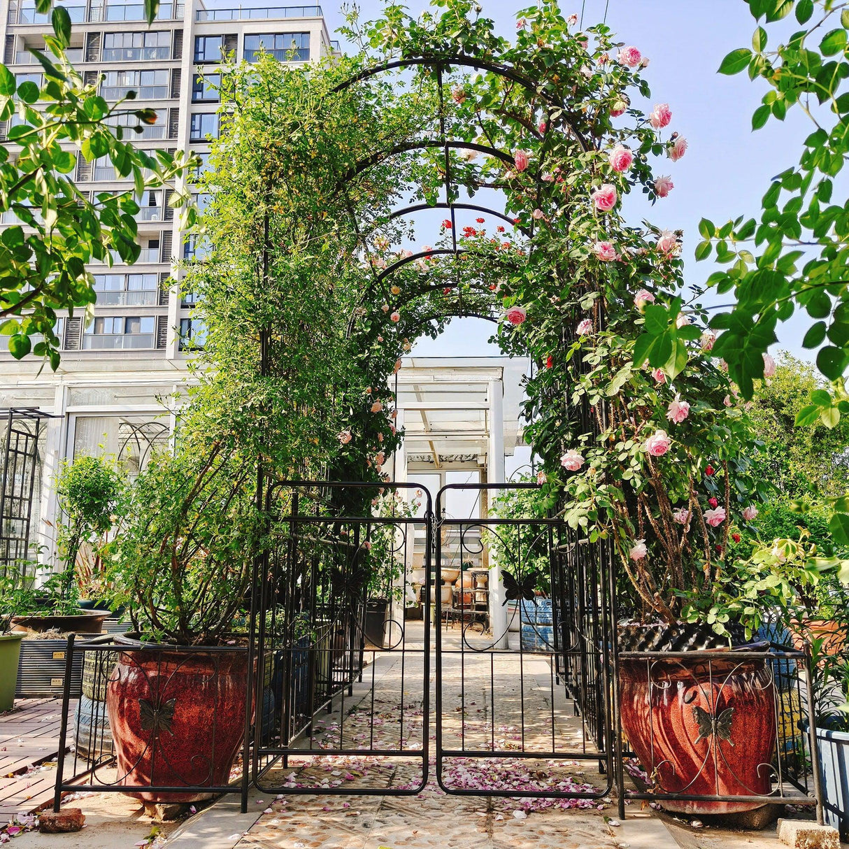 Metal Garden Arch With Gate High Climbing Plants Support Rose Arch Outdoor - Black - Furniture Home Direct