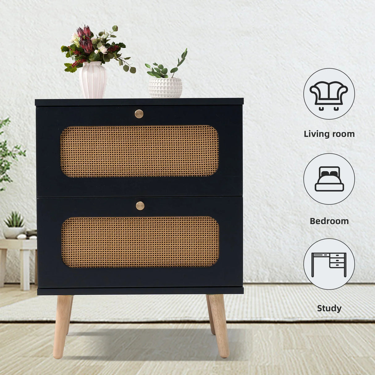 2 Drawer Rattan Nightstand For Bedroom And Living Room, End Table, Side Table With 2 Hand Made Rattan Decorated Drawers - Black - Furniture Home Direct