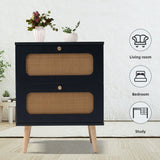 2 Drawer Rattan Nightstand For Bedroom And Living Room, End Table, Side Table With 2 Hand Made Rattan Decorated Drawers - Black - Furniture Home Direct