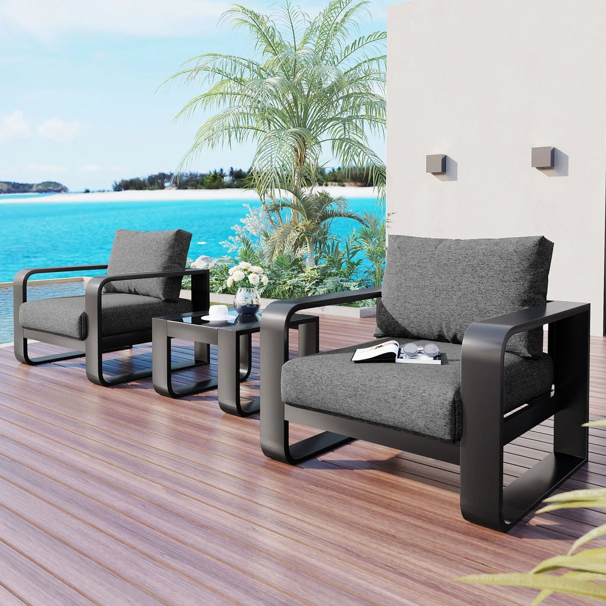 3 Piece Aluminum Frame Patio Furniture With 6.7" Thick Cushion And Coffee Table, All Weather Use Olefin Fabric Outdoor Chair - Gray / Black - Furniture Home Direct