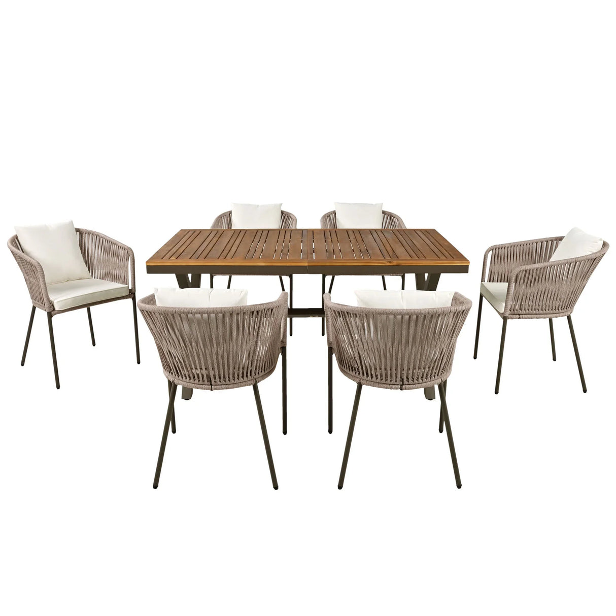 7 Piece All-Weather Patio Dining Set with Acacia Wood Tabletop and Metal Frame - Beige - Furniture Home Direct